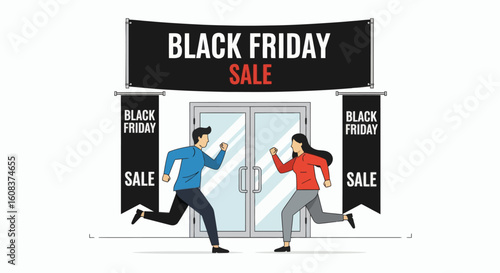 Black Friday sale banner with people running toward a store