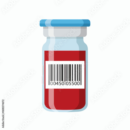 Bottle with red liquid and barcode label