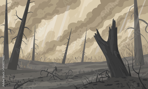 Burned forest with charred trees and smoky sky
