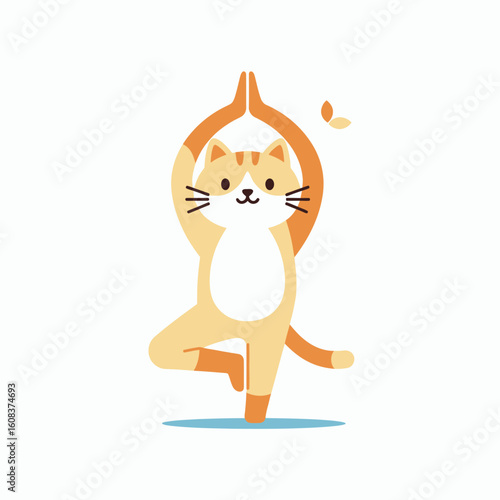 Cartoon cat in a yoga pose balanced on one leg with hands together above head