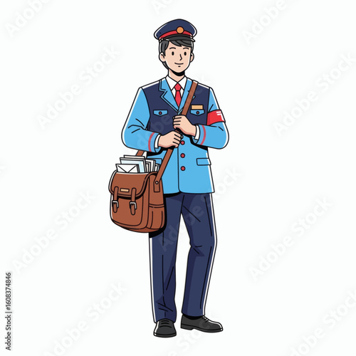 Cartoon postman standing with a mail bag wearing a uniform