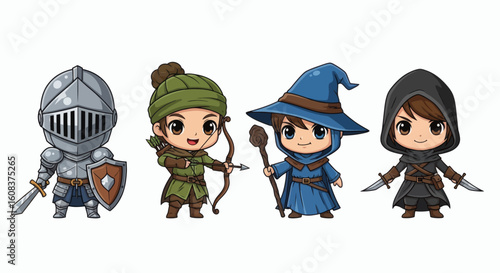 Chibi knight ranger mage and rogue characters standing in a row