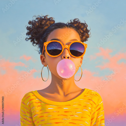 girl with retro sunglasses blowing bubble gum