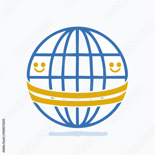 A blue stylized globe icon featuring yellow smiley faces and curved lines, symbolizing global happiness and connection.