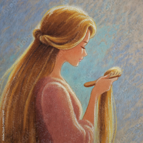woman brushing long hair, pastel background
