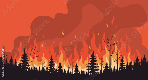 Forest fire engulfing trees with orange flames and dark smoke