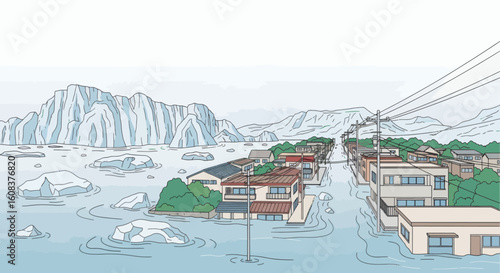 Flooded town with icebergs in the background