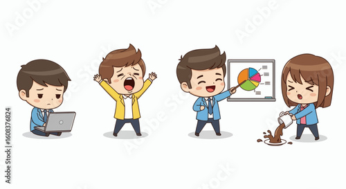 Four cartoon business people showing different emotions and activities