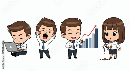 Four cartoon characters in business situations a graph showing growth