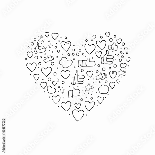 A large heart shape filled with hand-drawn doodle icons like hearts, thumbs-up, and stars.