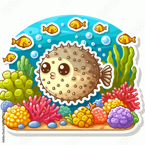Cartoon pufferfish swims among colorful coral and small fish in a vibrant underwater scene. The image features an array of  cute illustrations of different aquatic life forms.