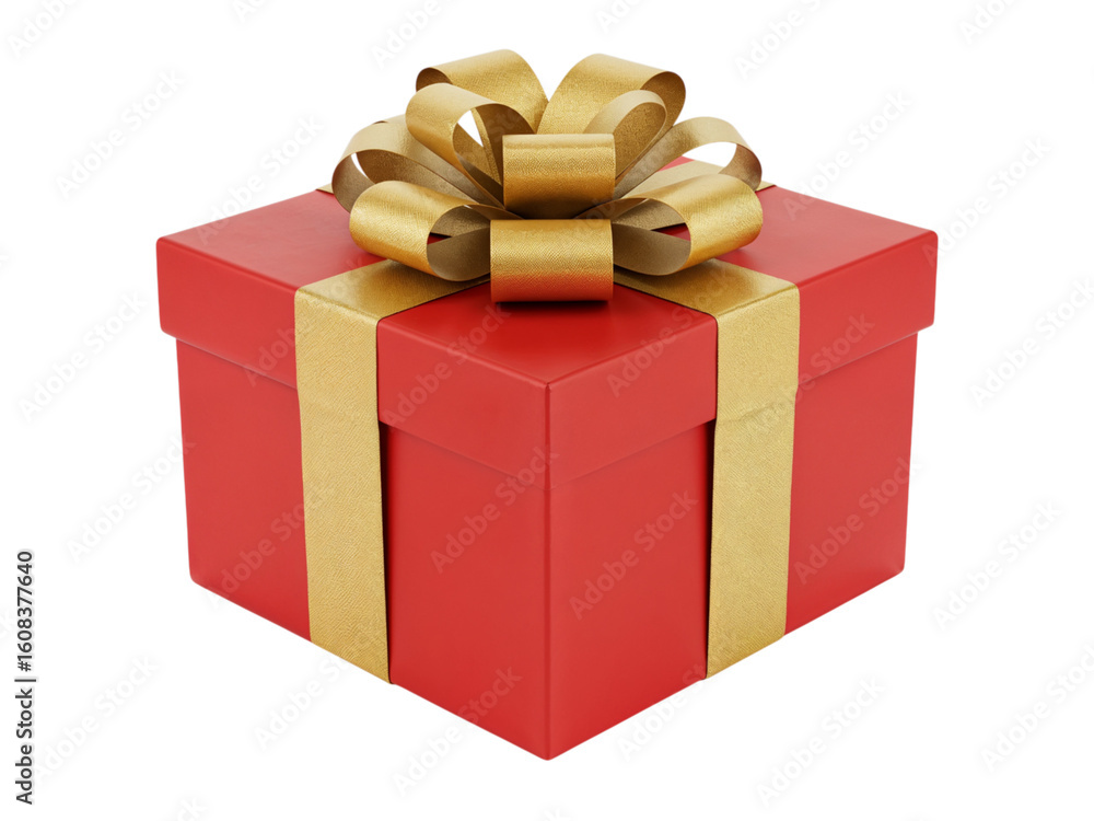 Obraz premium A bright red gift box with a golden ribbon and bow tied on top isolated on transparent background