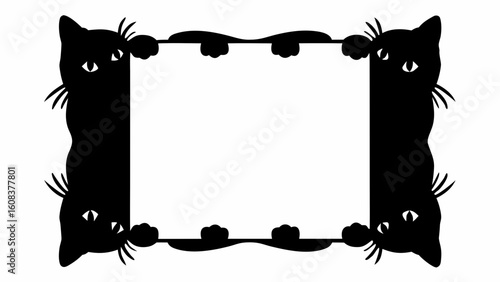 A black cat frame with four cats peeking from the corners and sides of a rectangular white space