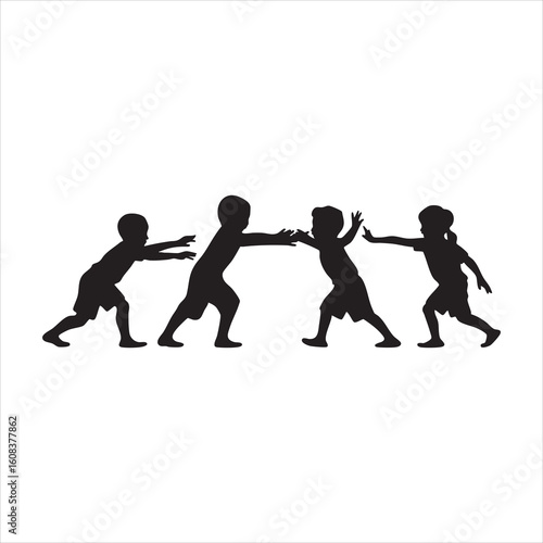 Silhouettes of four children playing a tug of war game against a white background