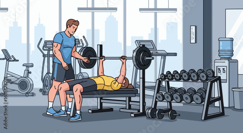 Gym setting with person bench pressing while trainer stands nearby