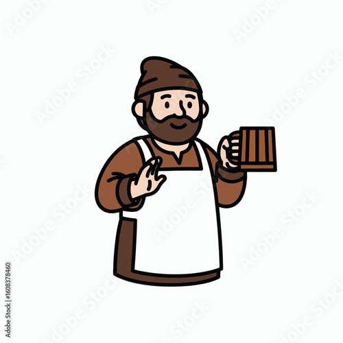 Man in brown robe and hat wearing a white apron holding a wooden mug
