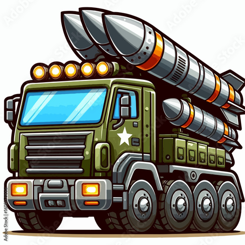 Stylized cartoon depiction of a military truck carrying multiple missiles.  The design is simplified and exaggerated for a comic book or  character style.