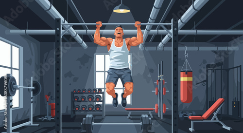 Person doing pullups in a gym surrounded by weightlifting equipment