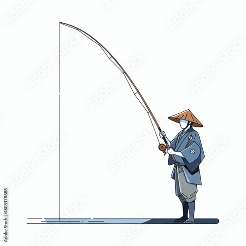 Person in a conical hat fishing with a long fishing rod