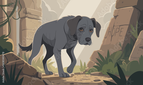 Sad grey dog walking near stone ruins with HOPE inscription