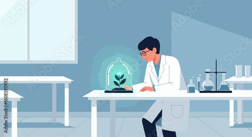 Scientist in a lab with plant under a bell jar and lab equipment