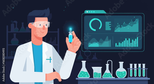 Scientist holding a vial with graphs beakers flasks and test tubes in the background
