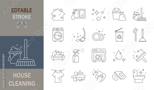 House Cleaning icon set. Editable stroke. Vector illustration.