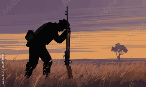 Silhouette of a man leaning on a rifle in a field with a sunset background and a distant tree