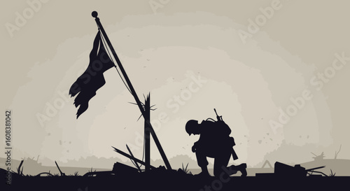 Silhouette of a soldier kneeling beside a tattered flag on a battlefield