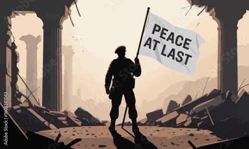 Silhouette of a soldier holding a white flag that reads PEACE AT LAST amidst ruins