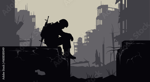 Silhouette of a soldier sitting amidst a wartorn city landscape