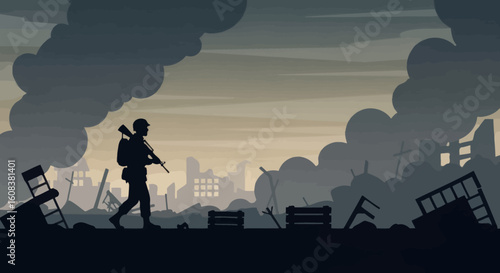 Silhouette of soldier walking through wartorn city