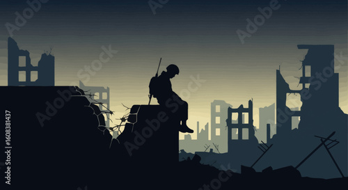 Soldier sitting in a destroyed city with rubble and damaged buildings around