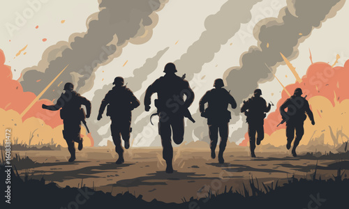Soldiers running explosions in the background