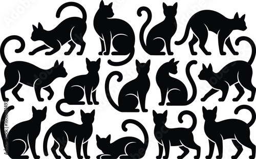 Black cats in various poses silhouettes domestic cats