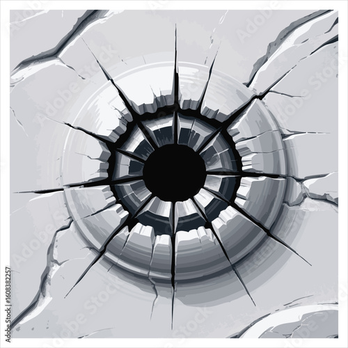 Cracked glass with a dark hole in the center resembling an eye