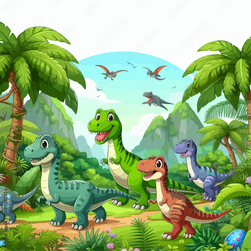 Naklejka premium Cartoon illustration of several small, friendly dinosaurs in a lush prehistoric jungle, with palm trees and flying reptiles.