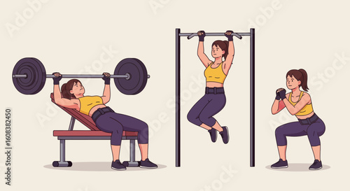 Woman exercising using a bench press pullup bar and squatting