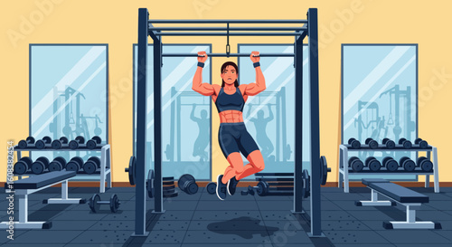 Woman doing pullups in gym weights mirrors exercise equipment