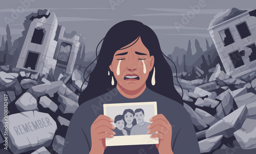 Woman crying in front of destroyed buildings holding family photo