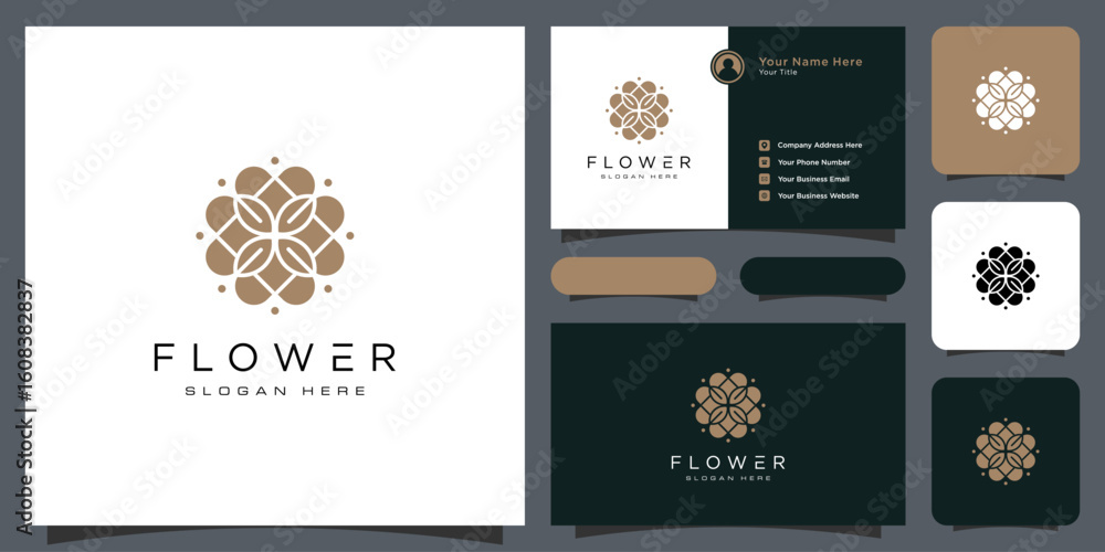 Fototapeta premium Flower mono line luxury logo with business card design