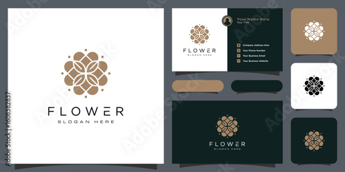 Flower mono line luxury logo with business card design
