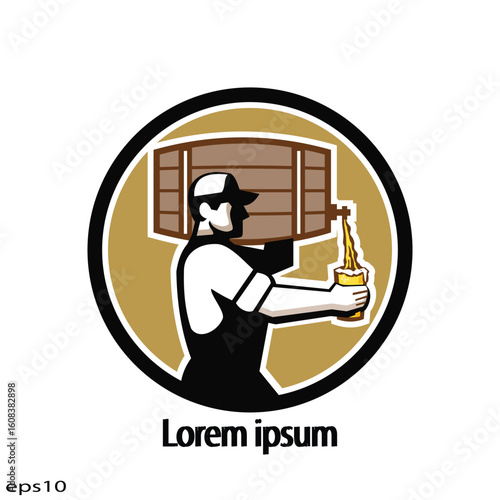 Retro style illustration of a bartender pouring keg barrel of beer into mug