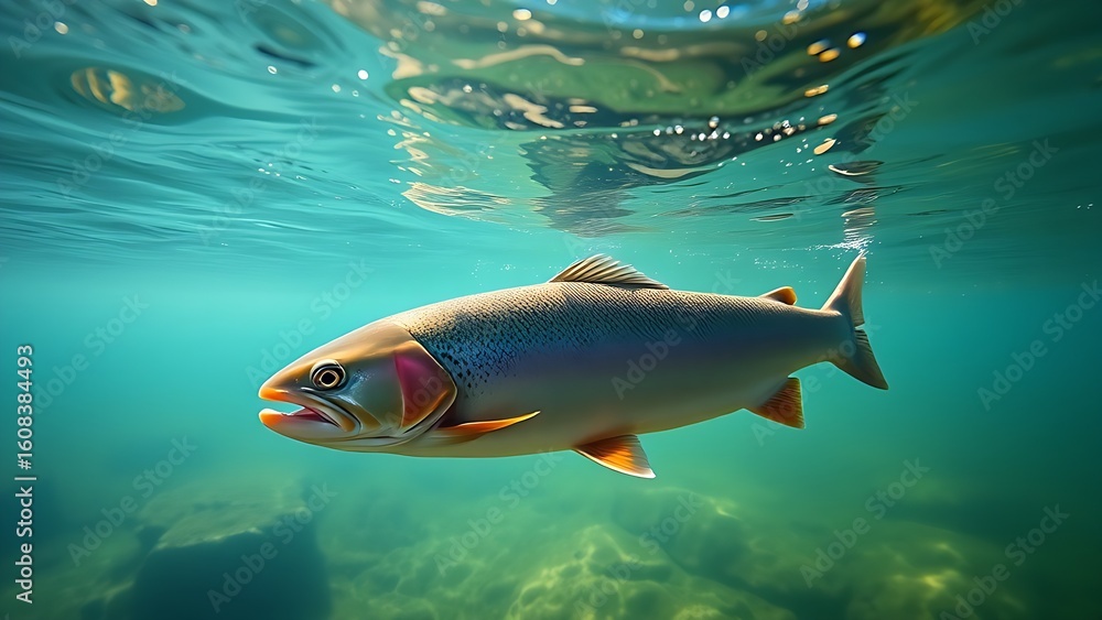Naklejka premium Underwater view of trout swimming in clear stream, showcasing tranquil aquatic scenery.