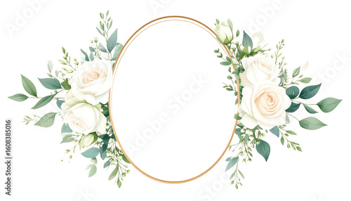 Elegant oval gold frame adorned with watercolor white roses and eucalyptus leaves isolated on transparent background.