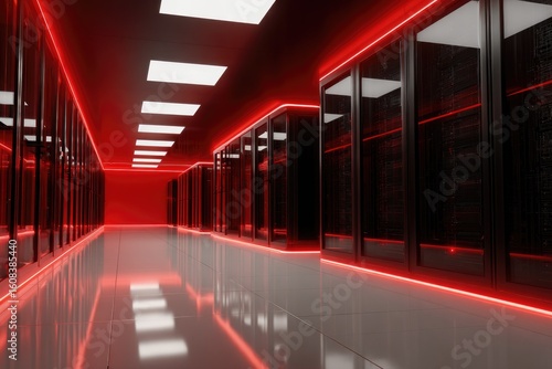 Server room interior with red lighting and racks
