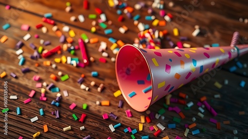 Festive party horn surrounded by confetti on a wooden table.