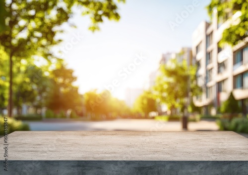 Empty light beige stone surface with a blurred city street and trees in the background