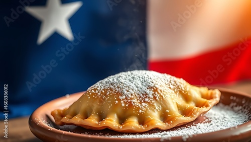 A traditional empanada on a handcrafted clay plate, dusted with powdered sugar, with steam rising against a softly blurred backdrop.