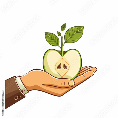 A hand cradling a green apple cut in half, revealing a vibrant plant sprouting from its seeds, representing life and sustainability.